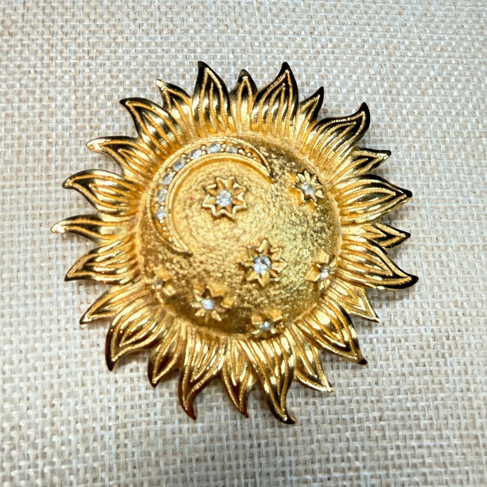 Christian Dior Vintage Sun Moon Star Brooch Gold Tone Celestial Crystal Pendant